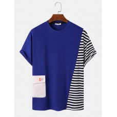 Mens Stripe Patchwork Flap Pocket Casual Short Sleeve T  Shirts