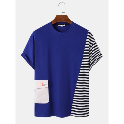 Mens Stripe Patchwork Flap Pocket Casual Short Sleeve T  Shirts