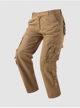 Men Solid Utility Pocket Zipper Ankle Length Casual Cargo Pants