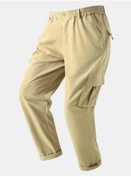 Men Solid Color Utility Pocket Street Elastic Waist Casual Cargo Pants