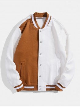 Men Color Block Button up Pockets Striped Hem Baseball Jackets