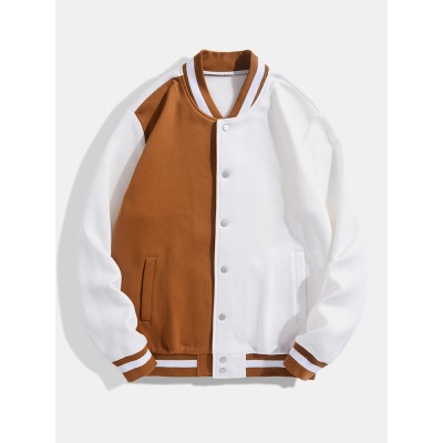 Men Color Block Button up Pockets Striped Hem Baseball Jackets