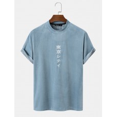 Mens Tokyo Character Embroidered Mock Neck Short Sleeve T  Shirts