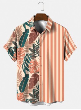 Mens Tropical Leaf   Striped Print Holiday Short Sleeve Shirts