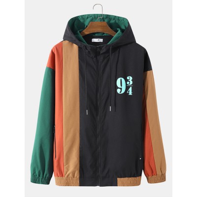 Men Patchwork Color Block Print Full Zip Pocket Hoodies Windbreaker Jackets