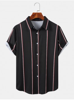 Mens Vertical Stripe Button Up Preppy Short Sleeve Shirts