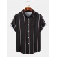 Mens Vertical Stripe Button Up Preppy Short Sleeve Shirts