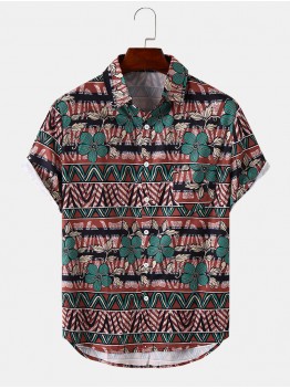 Mens Tribal Floral Print Pocket Hem Cuff Short Sleeve Shirts