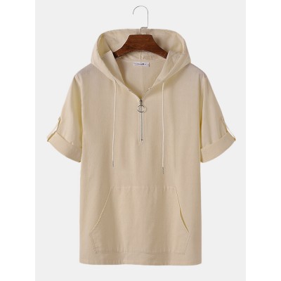 Mens Solid Half Zip Roll Up Sleeve Cotton Hooded T  Shirts