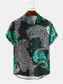 Mens Tiger Graphic Leaves Short Sleeve Lapel Shirts