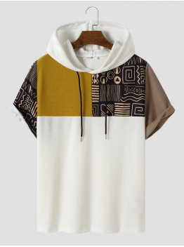 Mens Tribal Patchwork Printed Short Sleeve Hooded T  Shirts