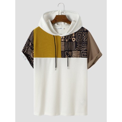 Mens Tribal Patchwork Printed Short Sleeve Hooded T  Shirts