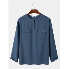 Mens Solid Color Button Neck Flap Pocket Cotton Long Sleeve T  Shirts