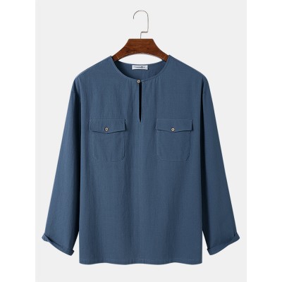 Mens Solid Color Button Neck Flap Pocket Cotton Long Sleeve T  Shirts